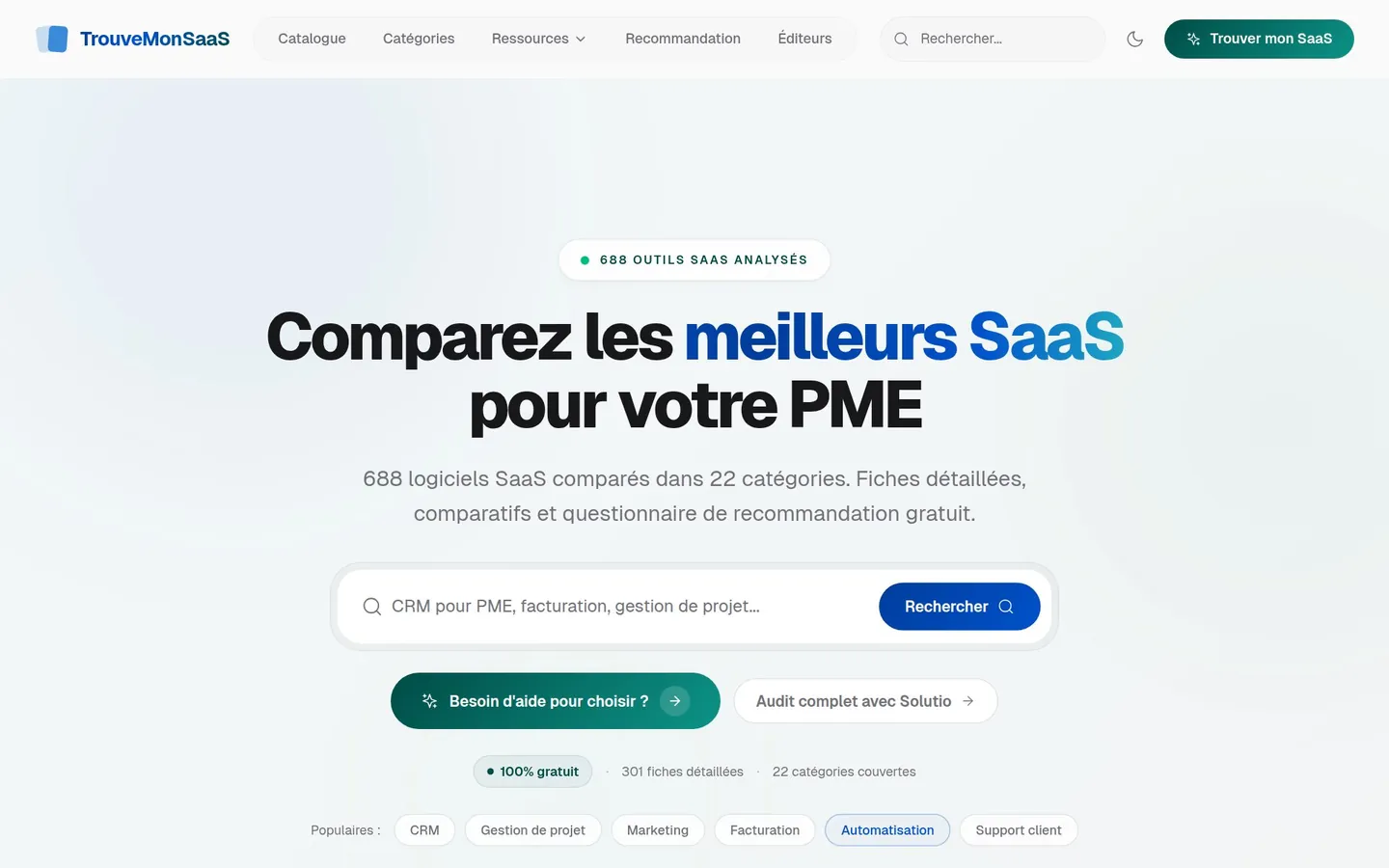 Page dâaccueil de TrouveMonSaaS : comparez les meilleurs SaaS pour votre PME